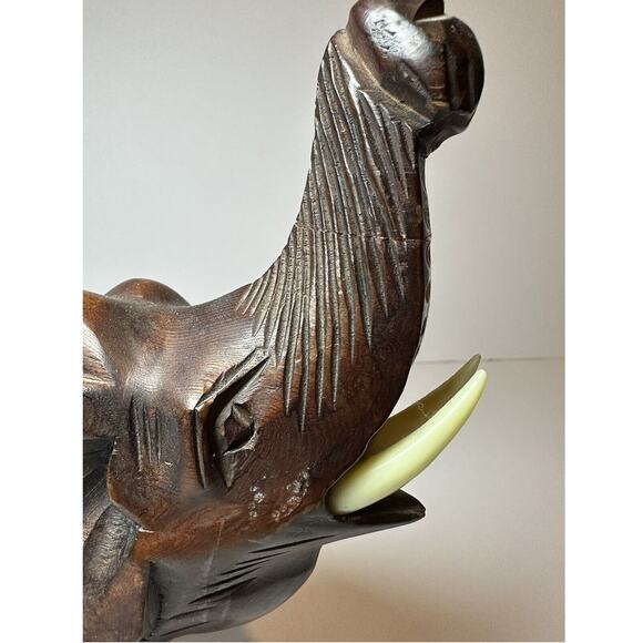 Hand Carved Wood Elephant Figurine with Trunk Up for Luck 5.75" Tall Collectable - Picture 8 of 10